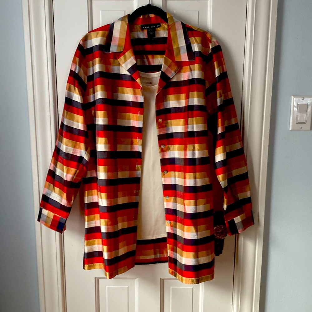 Beautiful multi-colored, striped & 100% silk women’s button down blouse